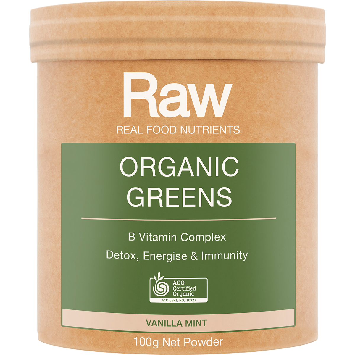 Amazonia Raw Organic Greens Vanilla Mint – 100g, front of pack
