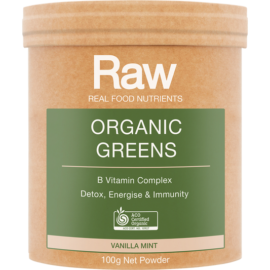 Amazonia Raw Organic Greens Vanilla Mint – 100g, front of pack