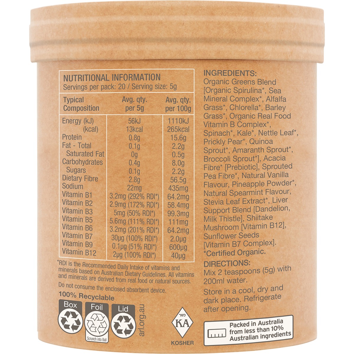 Amazonia Raw Organic Greens Vanilla Mint – 100g, pack detail