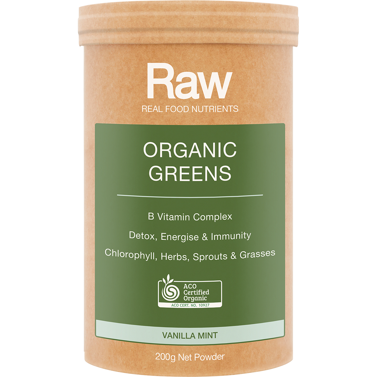 Amazonia Raw Organic Greens Vanilla Mint – 200g, front of pack