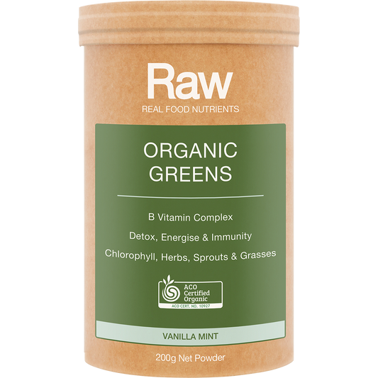 Amazonia Raw Organic Greens Vanilla Mint – 200g, front of pack
