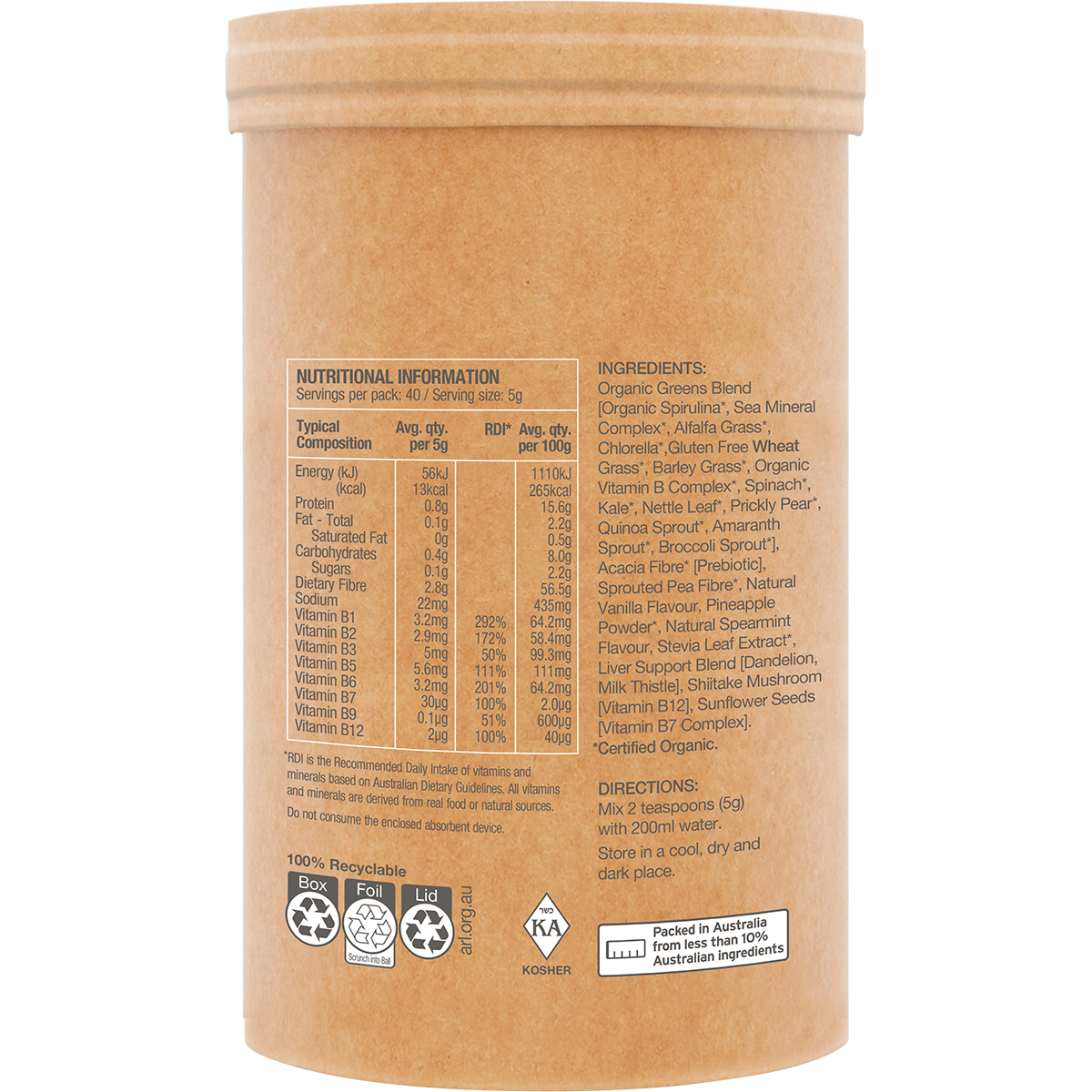 Amazonia Raw Organic Greens Vanilla Mint – 200g, pack detail