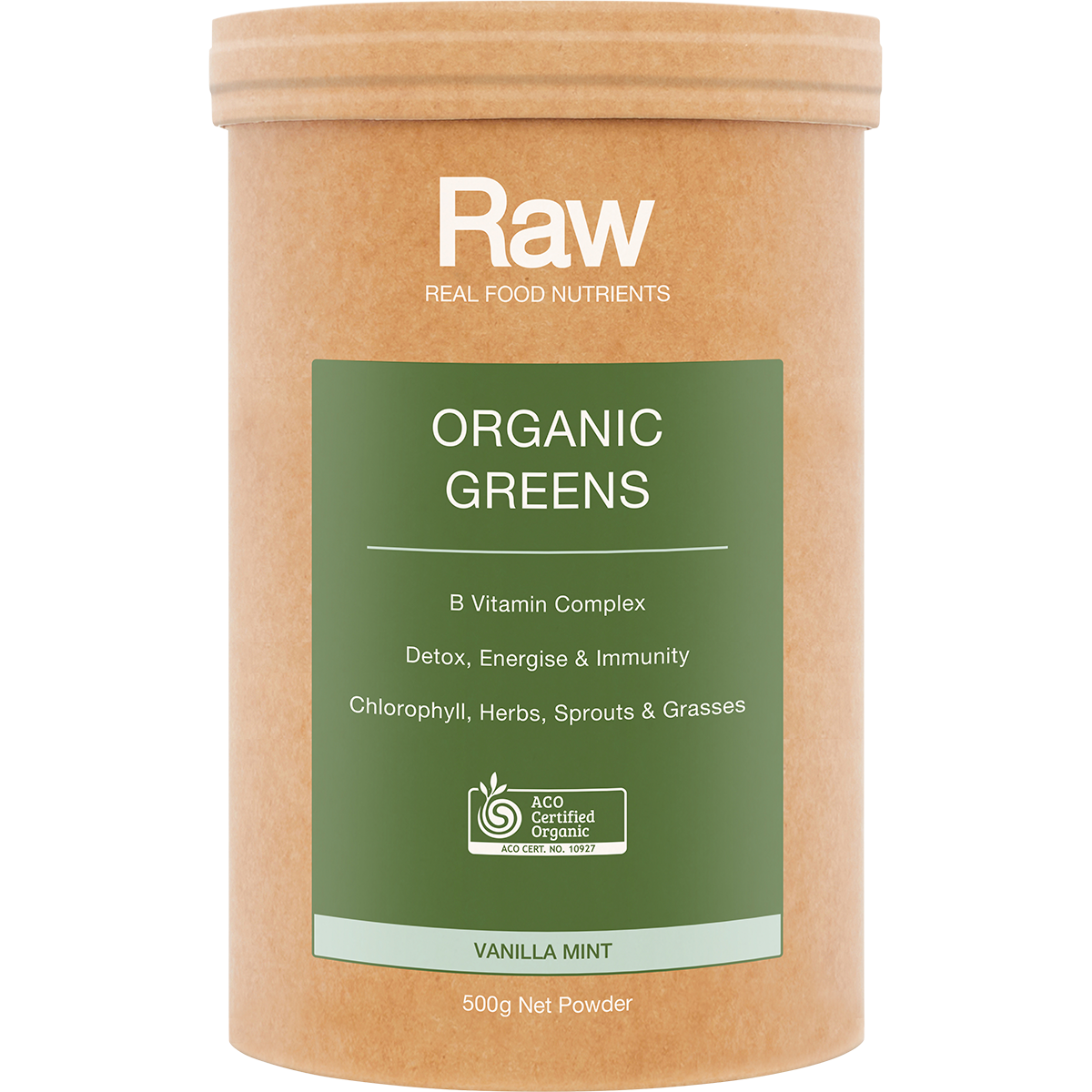 Amazonia Raw Organic Greens Vanilla Mint – 500g, front of pack