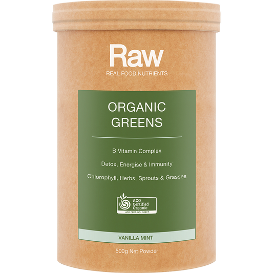 Amazonia Raw Organic Greens Vanilla Mint – 500g, front of pack