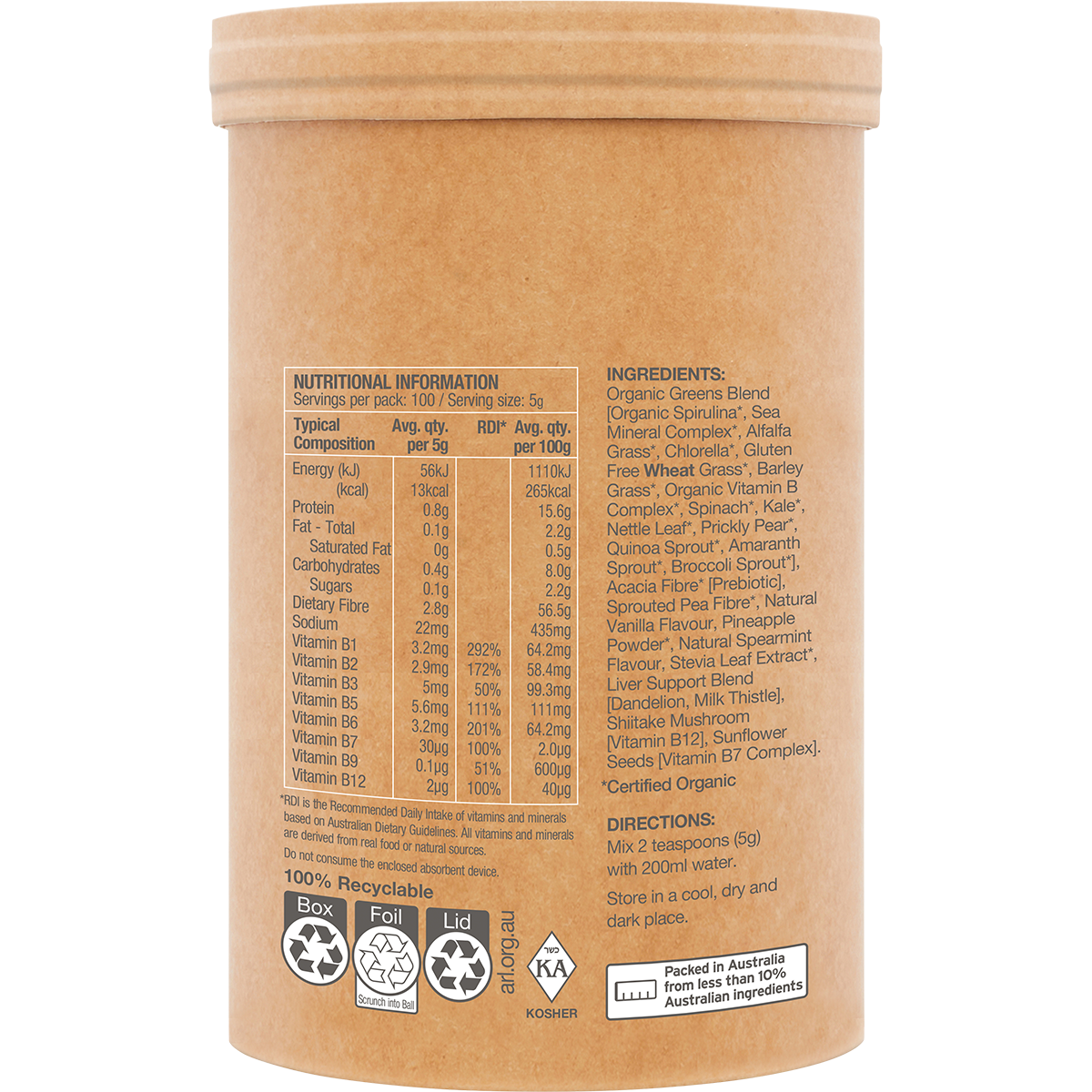 Amazonia Raw Organic Greens Vanilla Mint – 500g, pack detail