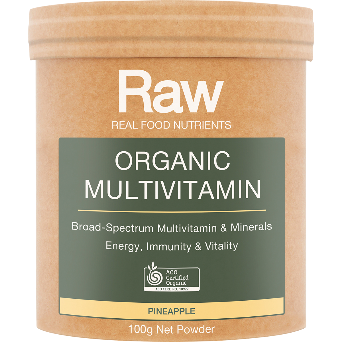 Amazonia Raw Organic Multivitamin Pineapple – 100g, front of pack