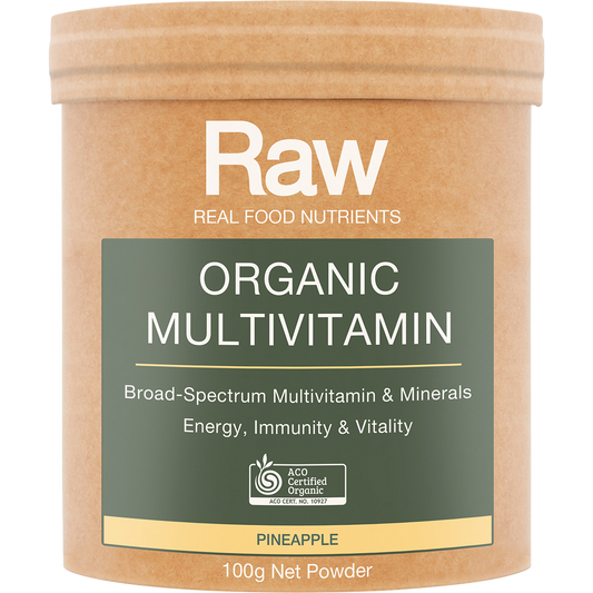 Amazonia Raw Organic Multivitamin Pineapple – 100g, front of pack