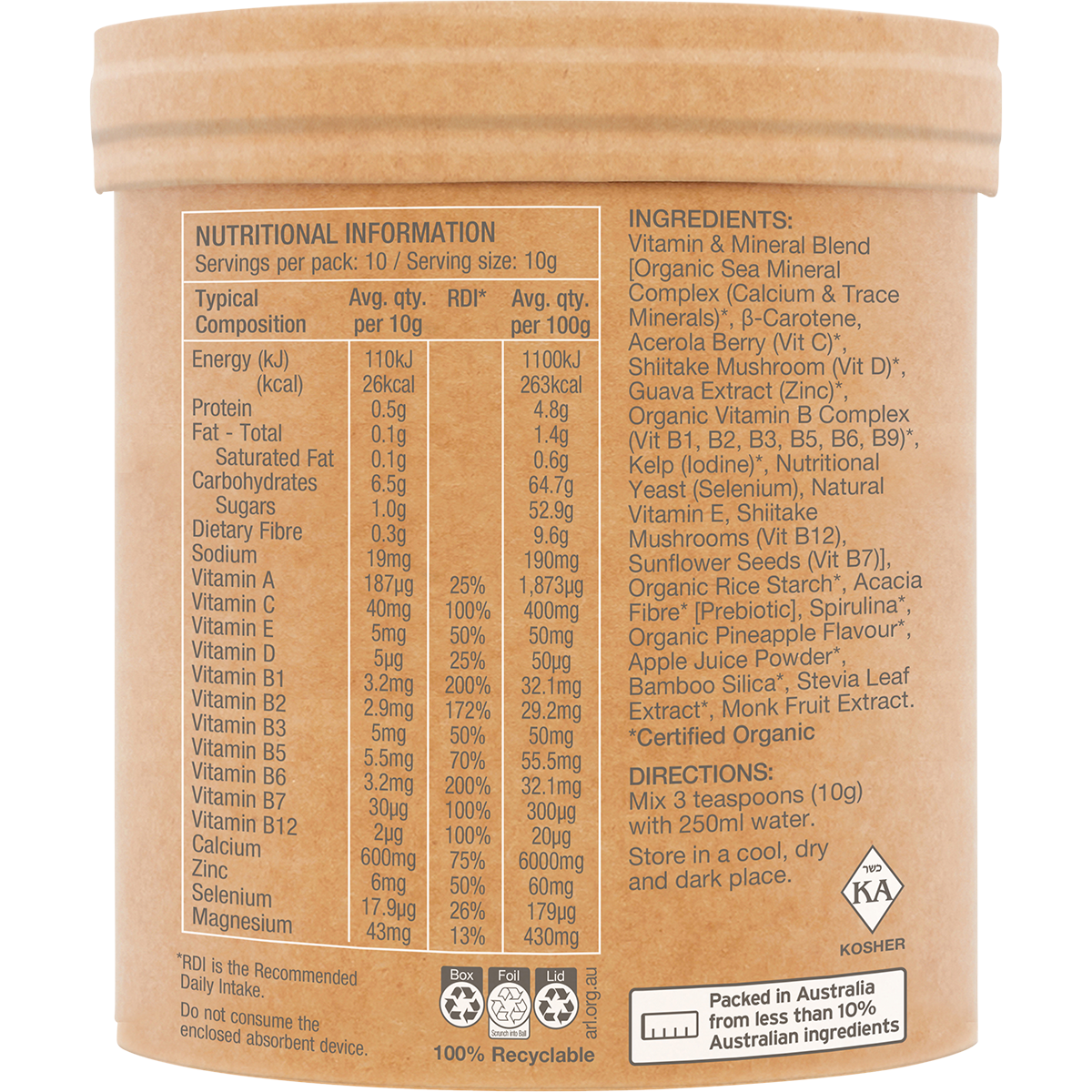 Amazonia Raw Organic Multivitamin Pineapple – 100g, pack detail