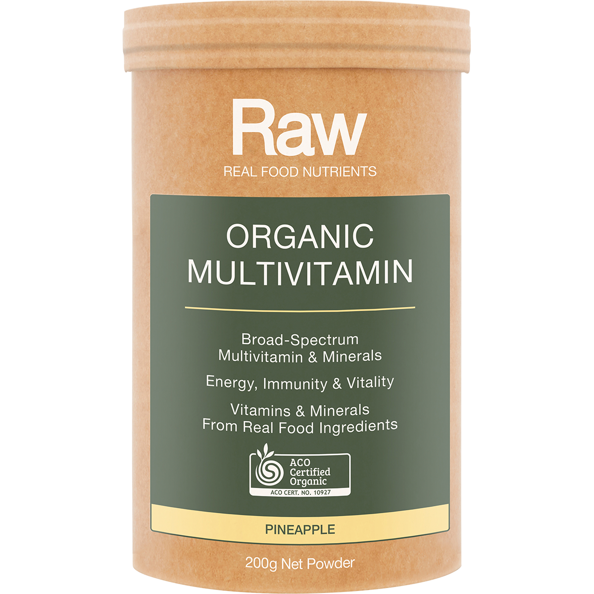Amazonia Raw Organic Multivitamin Pineapple – 200g, front of pack