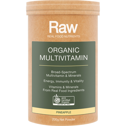 Amazonia Raw Organic Multivitamin Pineapple – 200g, front of pack