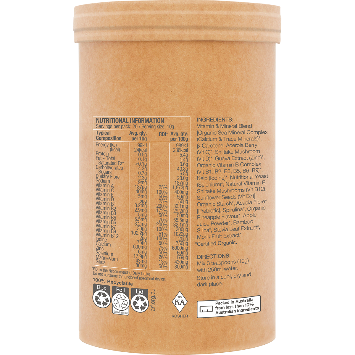 Amazonia Raw Organic Multivitamin Pineapple – 200g, pack detail