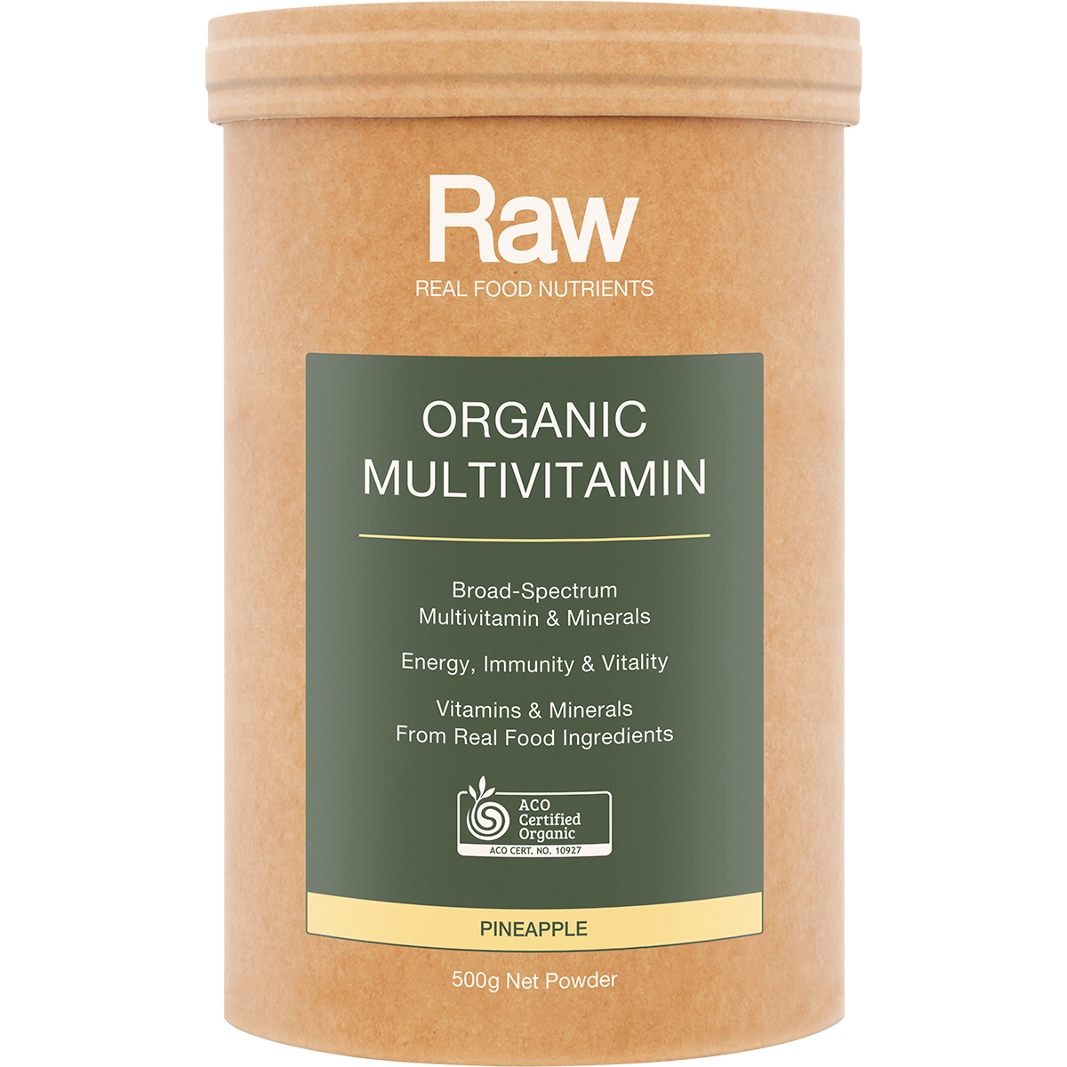 Amazonia Raw Organic Multivitamin Pineapple – 500g, front of pack
