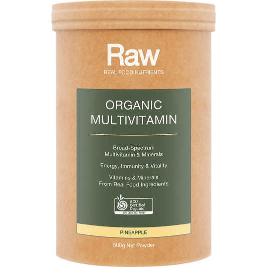 Amazonia Raw Organic Multivitamin Pineapple – 500g, front of pack