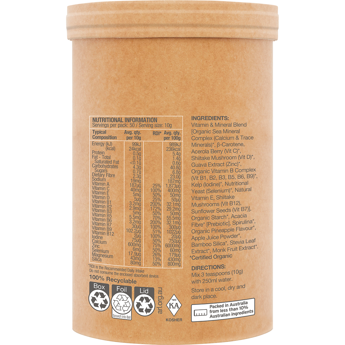Amazonia Raw Organic Multivitamin Pineapple – 500g, pack detail