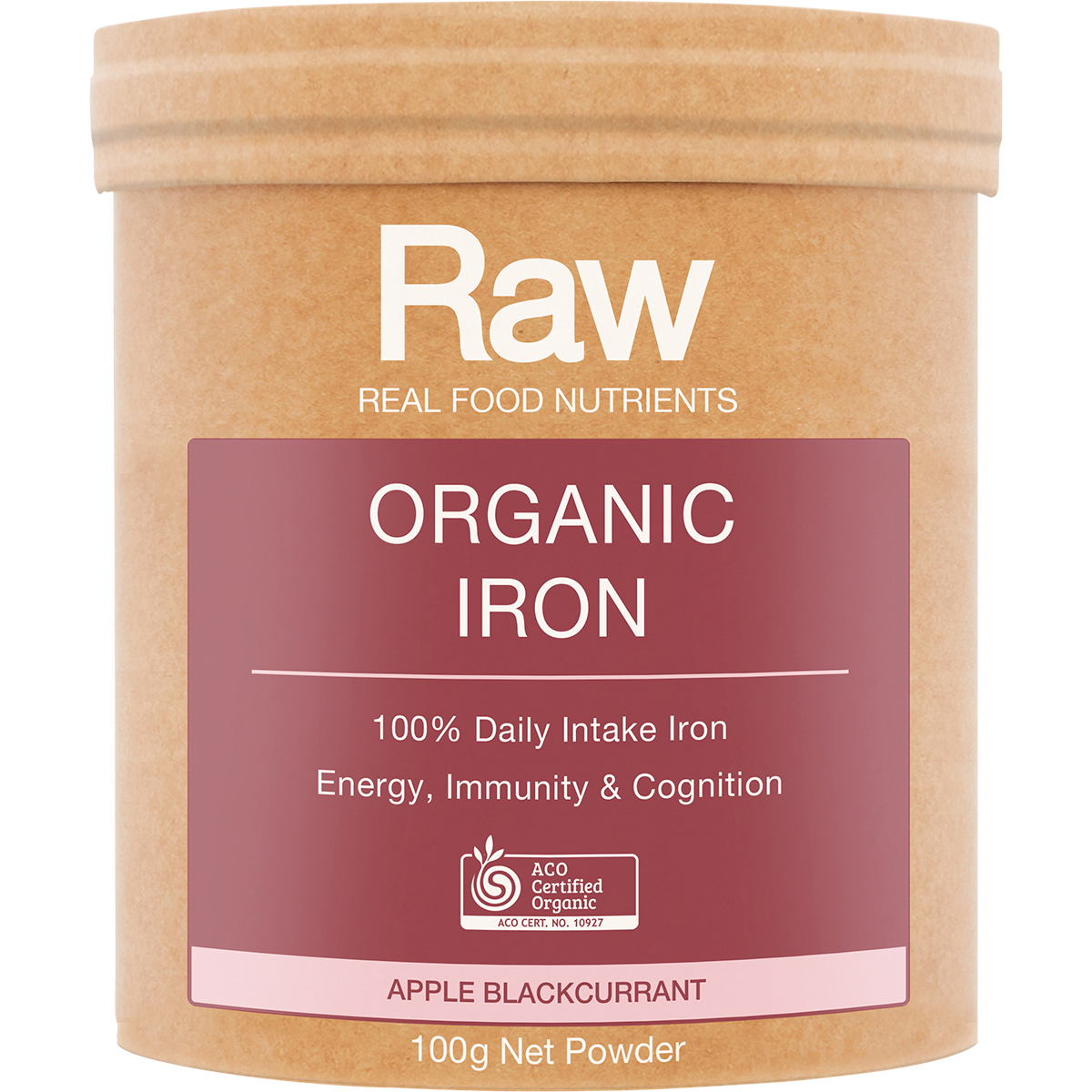 Amazonia Raw Organic Iron Apple Blackcurrant – 100g, front of pack