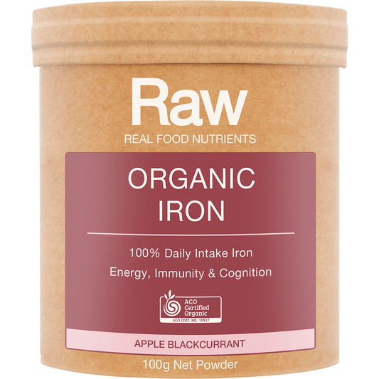 Amazonia Raw Organic Iron Apple Blackcurrant – 100g, front of pack