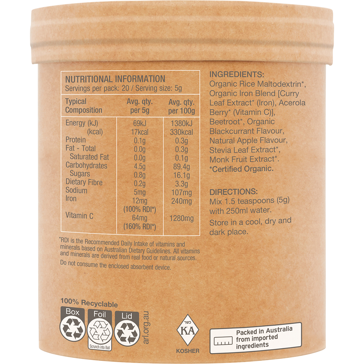 Amazonia Raw Organic Iron Apple Blackcurrant – 100g, pack detail