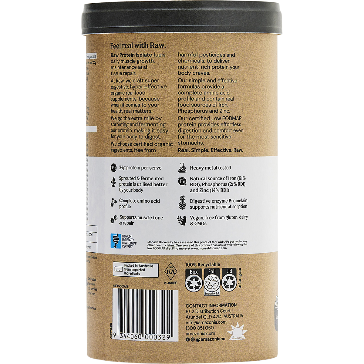 Amazonia Raw Protein Isolate Natural – 500g, back of pack