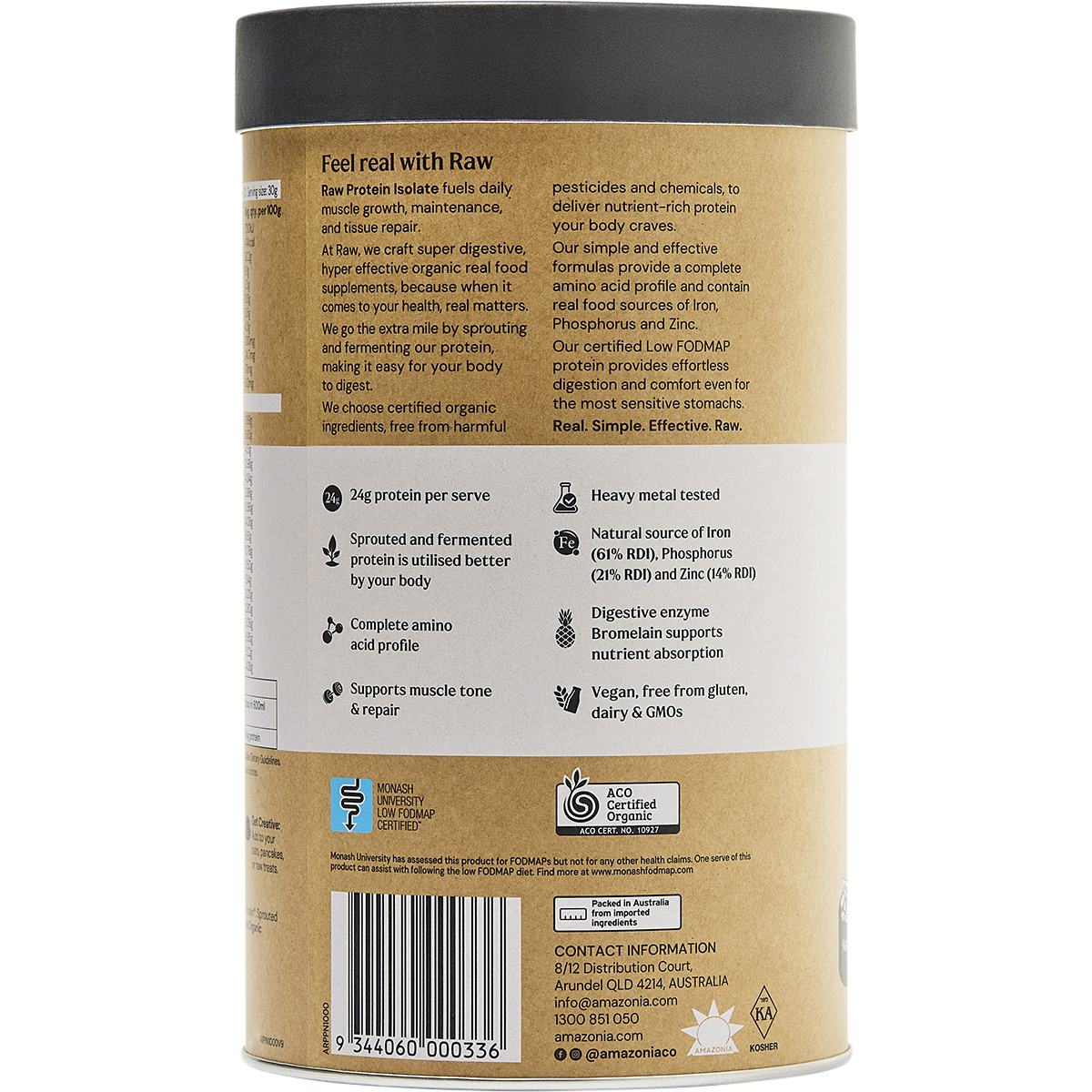 Amazonia Raw Protein Isolate Natural – 1kg, back of pack
