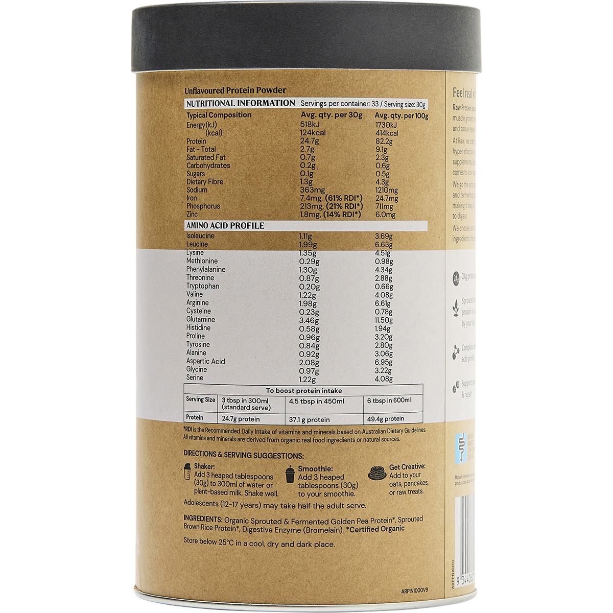 Amazonia Raw Protein Isolate Natural – 1kg, nutrition information panel