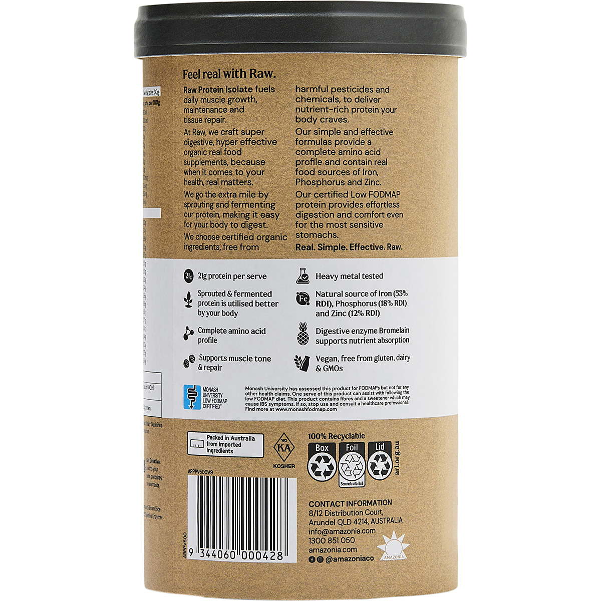Amazonia Raw Protein Isolate Vanilla – 500g, back of pack
