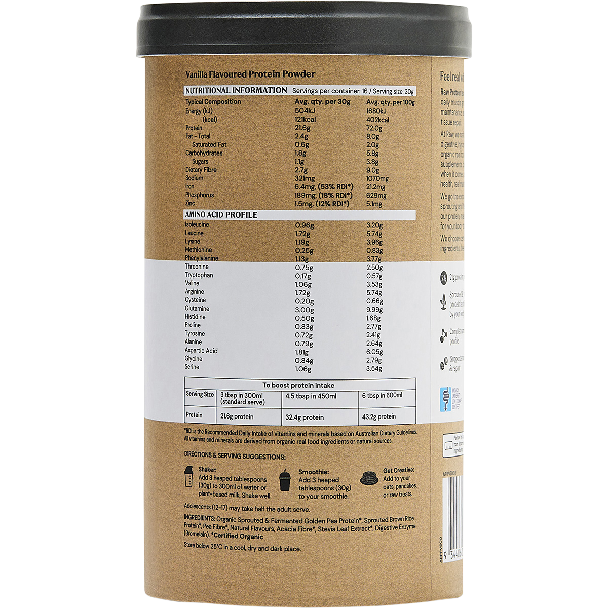 Amazonia Raw Protein Isolate Vanilla – 500g, nutrition information panel