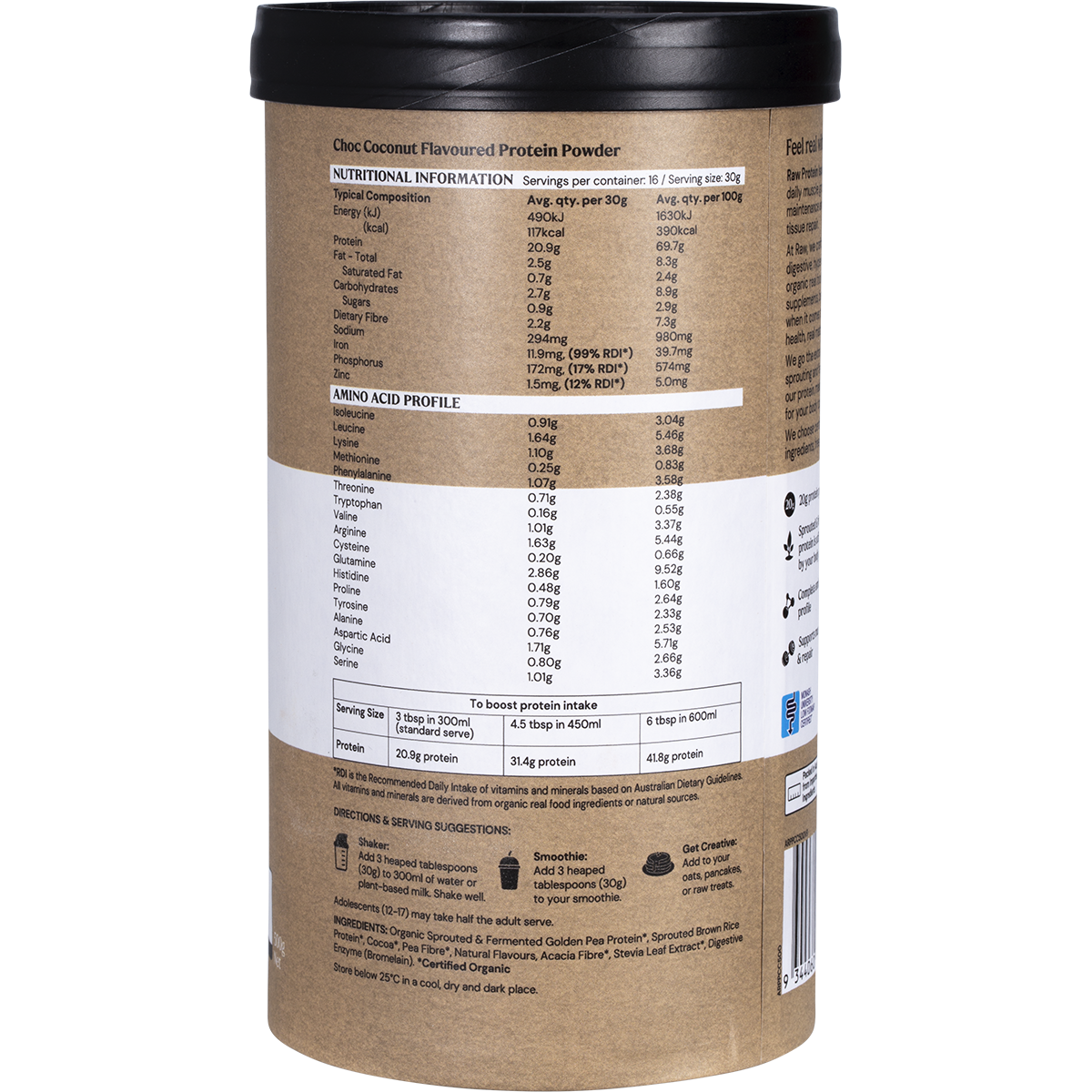 Amazonia Raw Protein Isolate Choc Coconut – 500g, back of pack