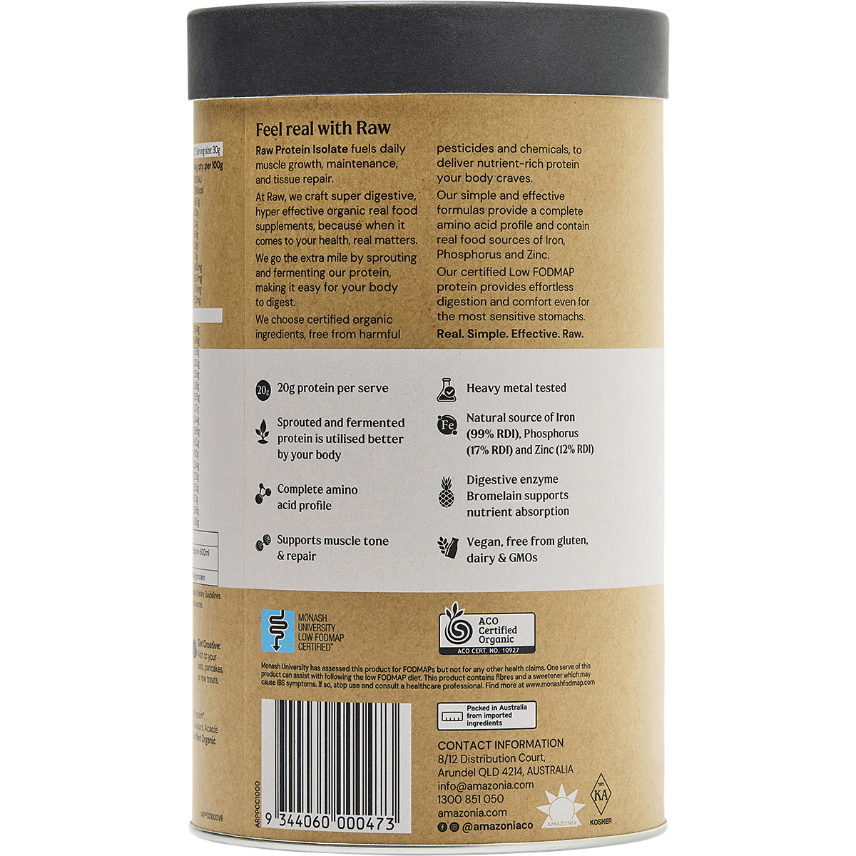Amazonia Raw Protein Isolate Choc Coconut – 1kg, back of pack