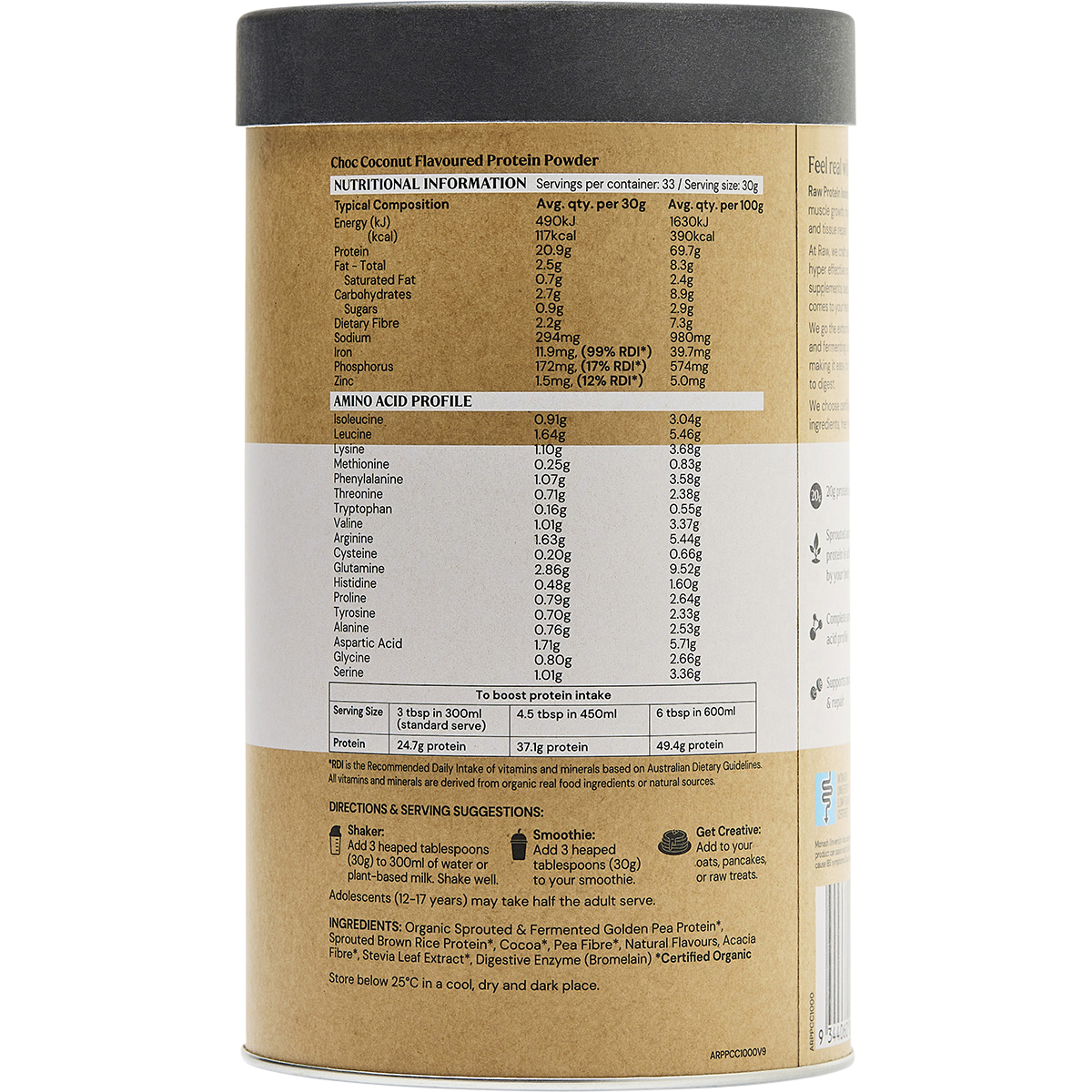 Amazonia Raw Protein Isolate Choc Coconut – 1kg, nutrition information panel