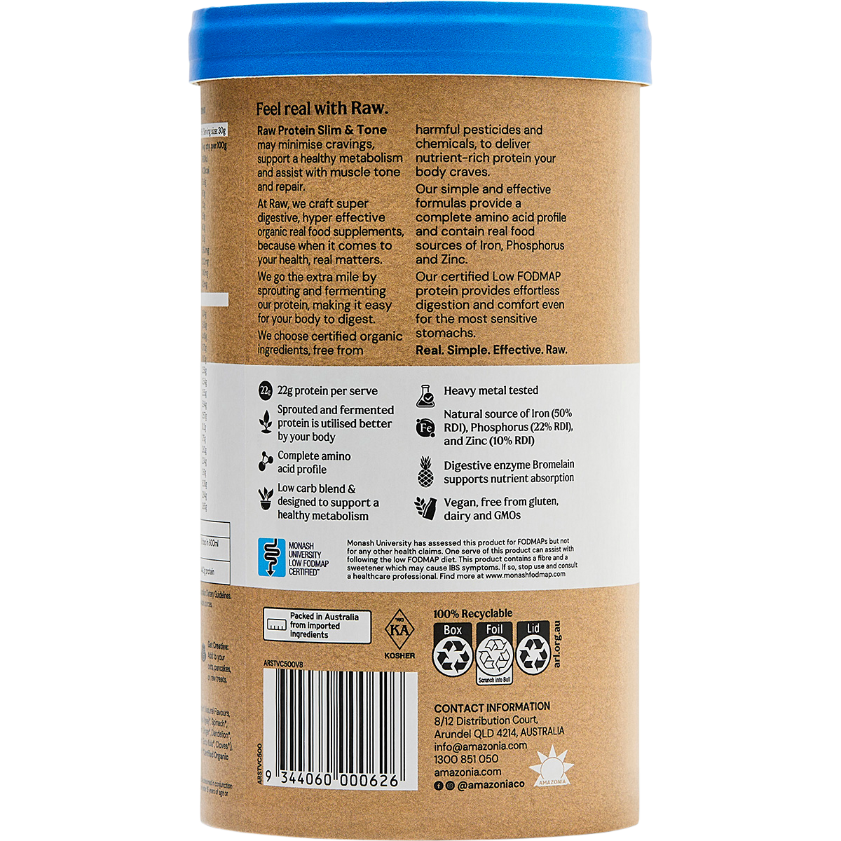 Amazonia Raw Protein Slim & Tone Vanilla Cinnamon – 500g, back of pack