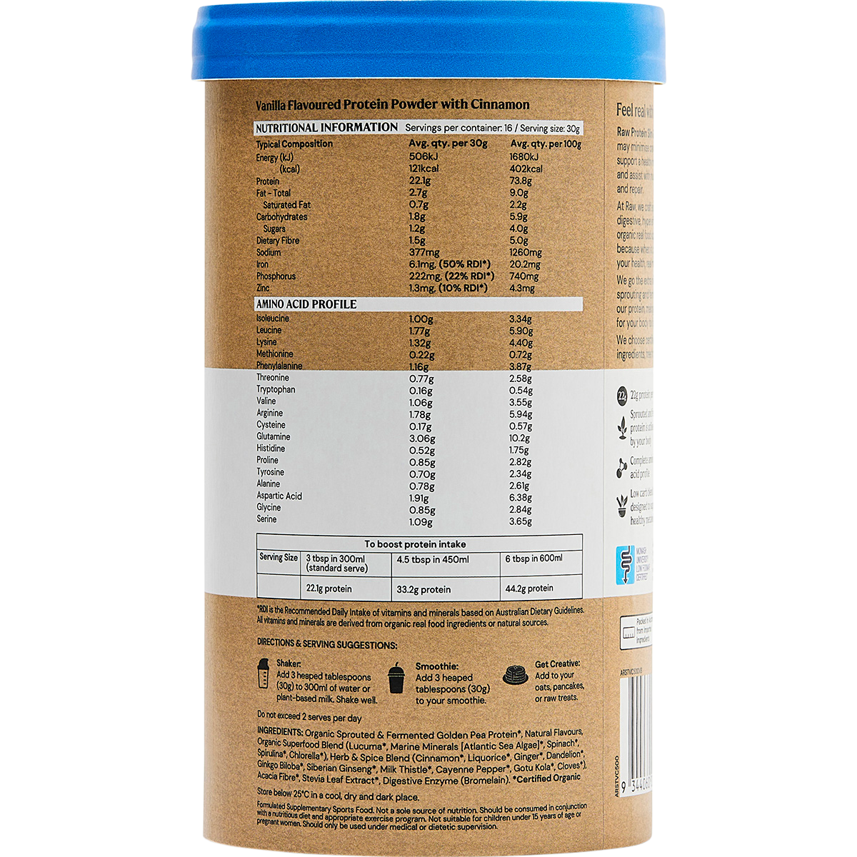Amazonia Raw Protein Slim & Tone Vanilla Cinnamon – 500g, nutrition information panel