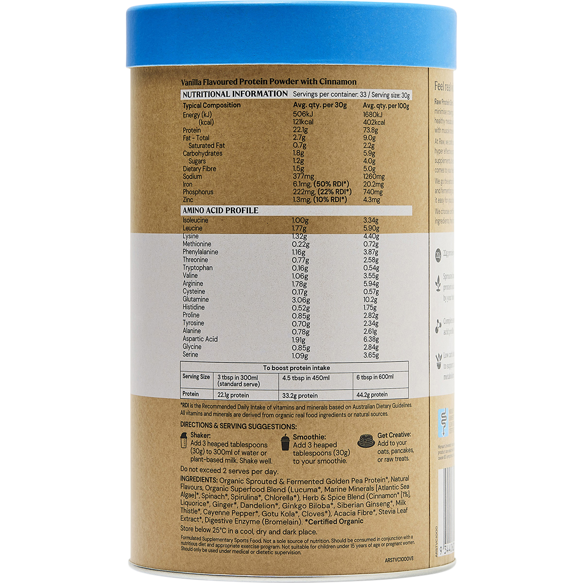 Amazonia Raw Protein Slim & Tone Vanilla Cinnamon – 1kg, nutrition information panel