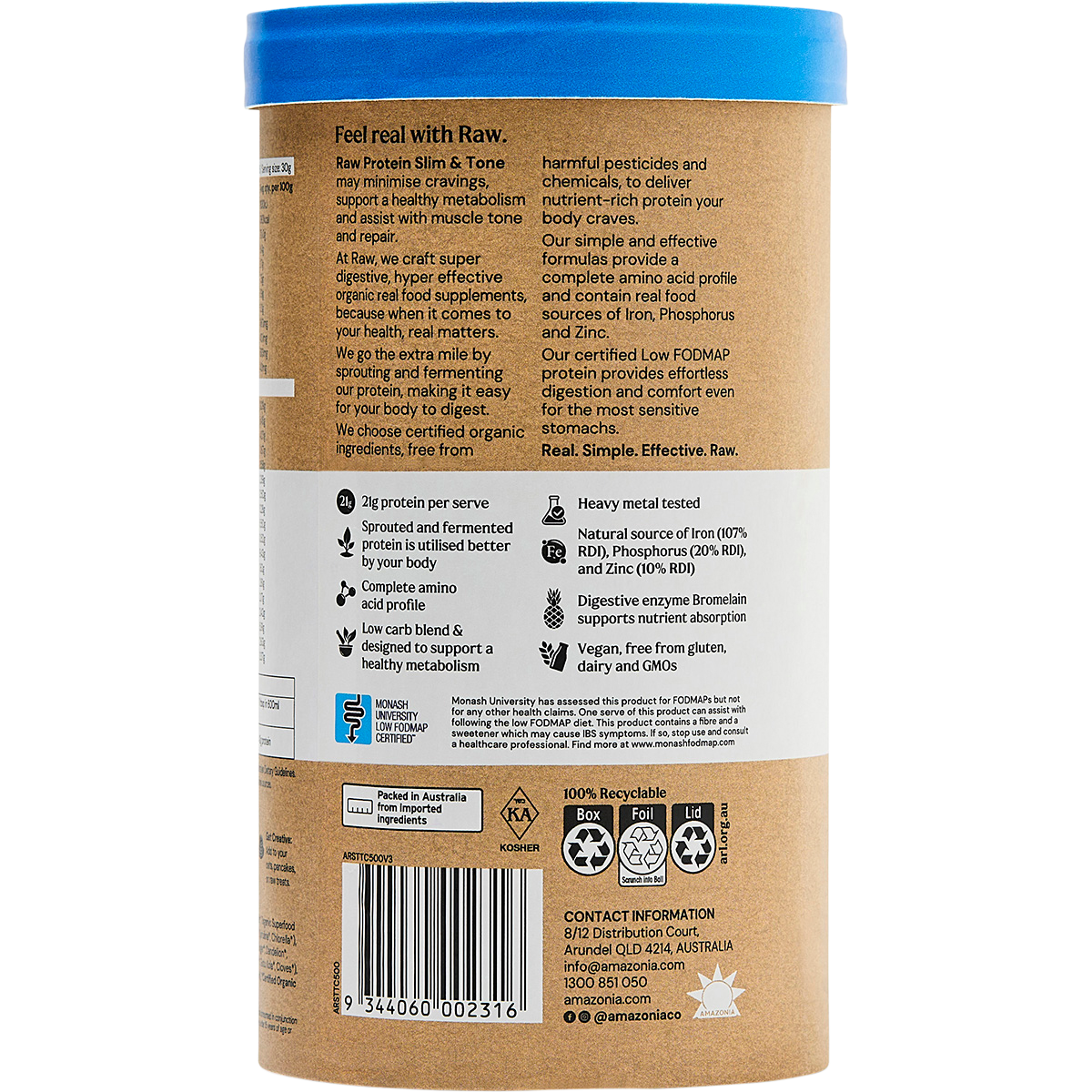 Amazonia Raw Protein Slim & Tone Triple Chocolate – 500g, back of pack