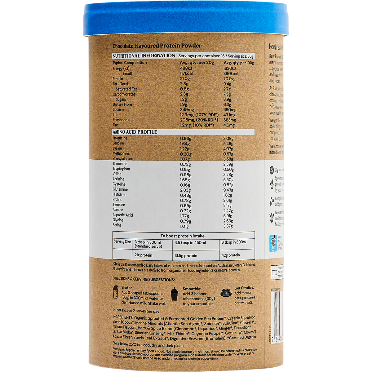 Amazonia Raw Protein Slim & Tone Triple Chocolate – 500g, nutrition information panel