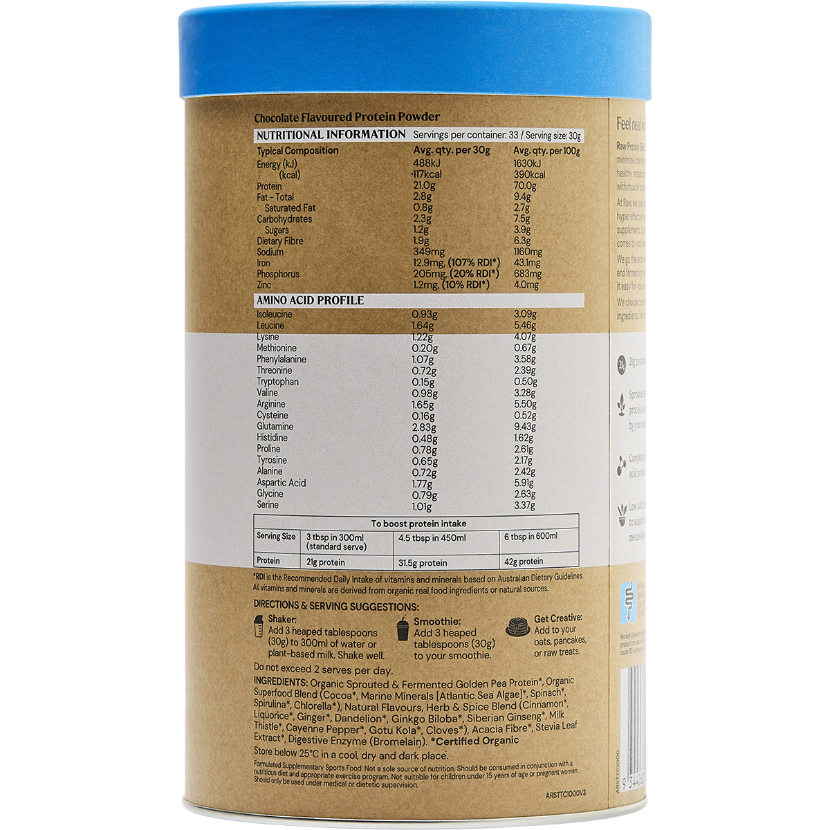 Amazonia Raw Protein Slim & Tone Triple Chocolate – 1kg, nutrition information panel
