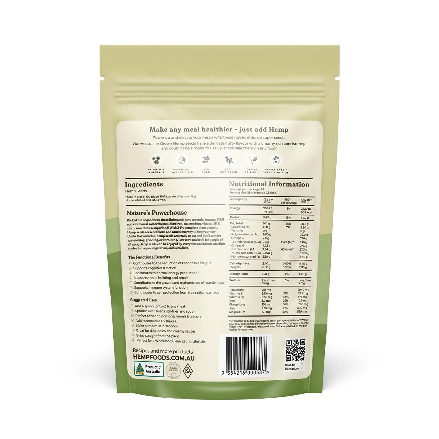 Australian Grown Hulled Hemp Seeds 800g pack, back label