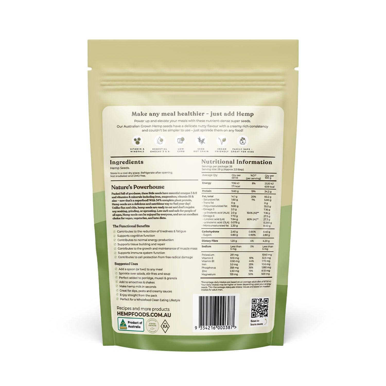 Australian Grown Hulled Hemp Seeds 800g pack, back label