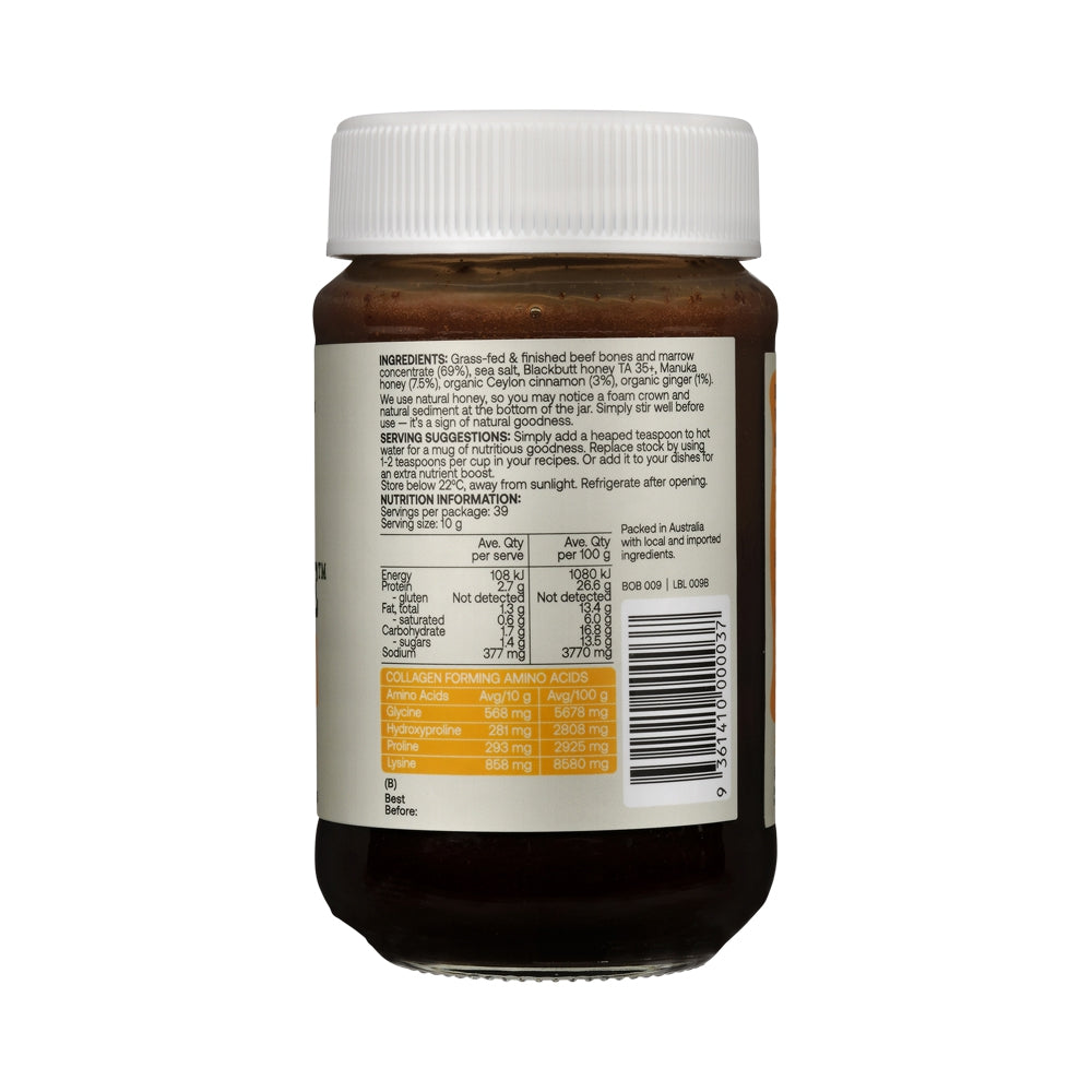 Best of the Bone Bone Broth Beef Concentrate Manuka Honey, Ginger & Cinnamon – 390g, back of pack
