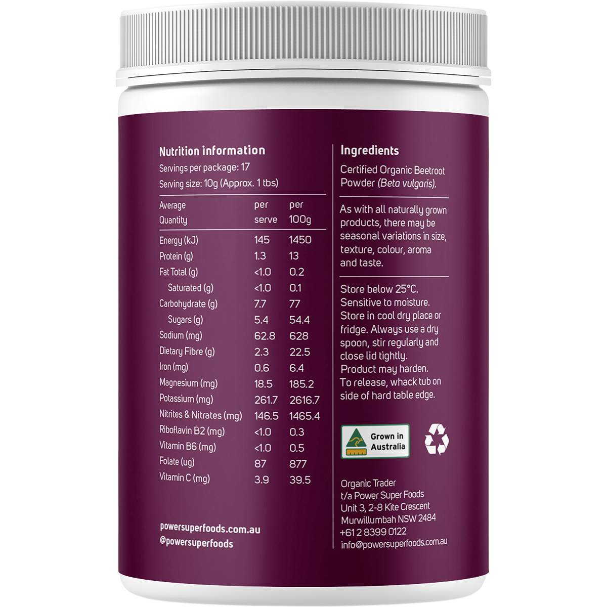 Power Super Foods Organic Beetroot Powder – 170g, back of pack