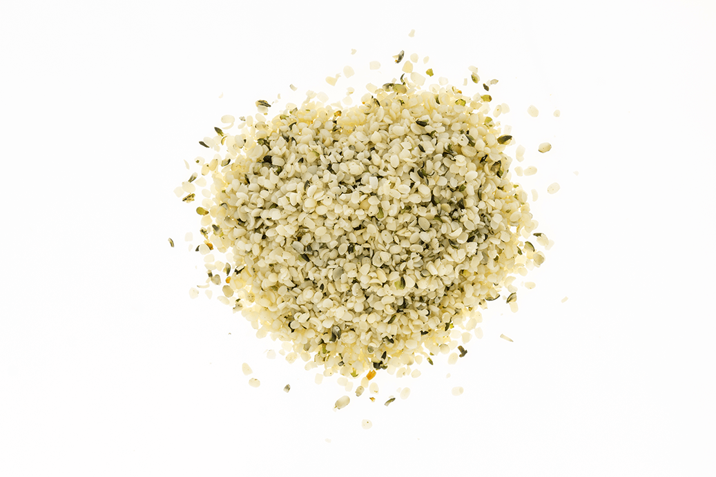 Close-up of hulled hemp seeds