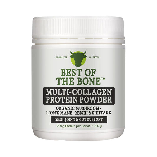 Best of the Bone Multi-Collagen Adaptogen-Stress Blend Organic Mushrooms – 210g, front of pack