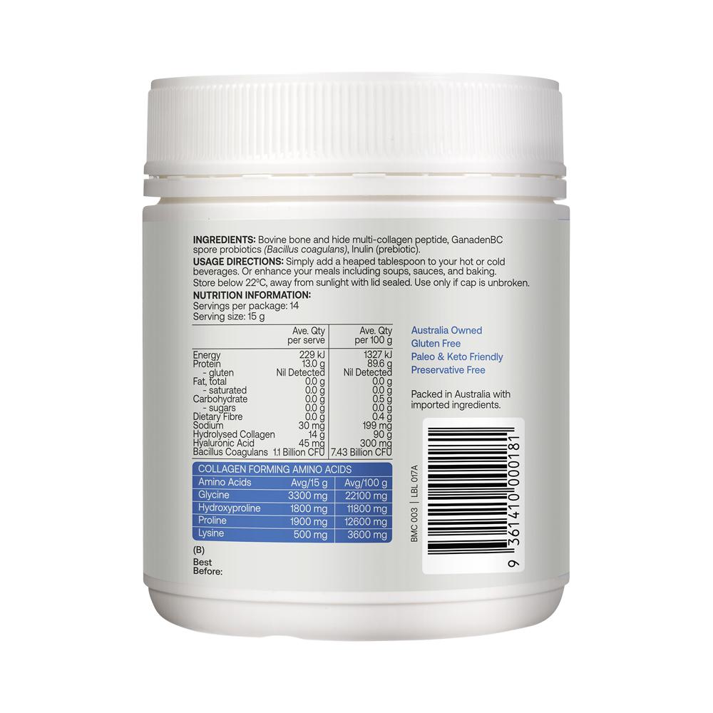 Best of the Bone Multi-Collagen Gut & Immunity Blend with Probiotic Spores – 210g, back of pack