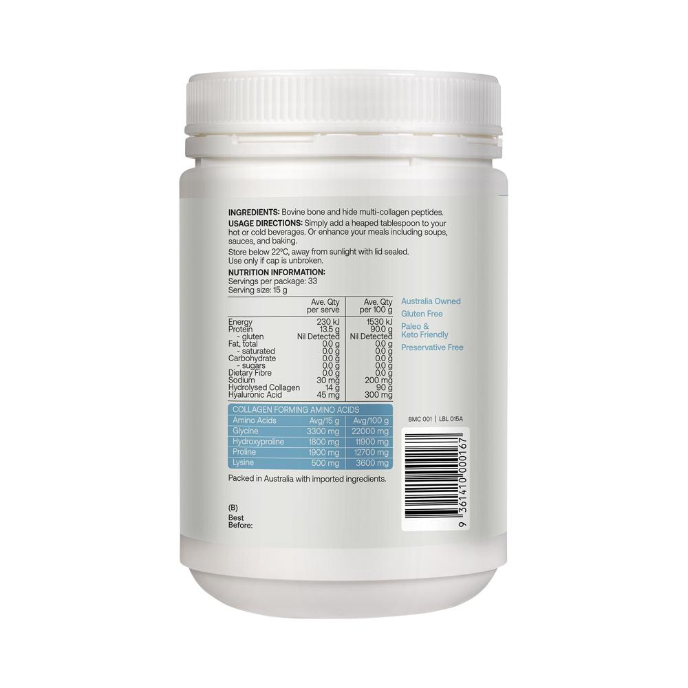 Best of the Bone Multi-Collagen Hydrolysed Collagen Peptides Unflavoured – 500g, back of pack