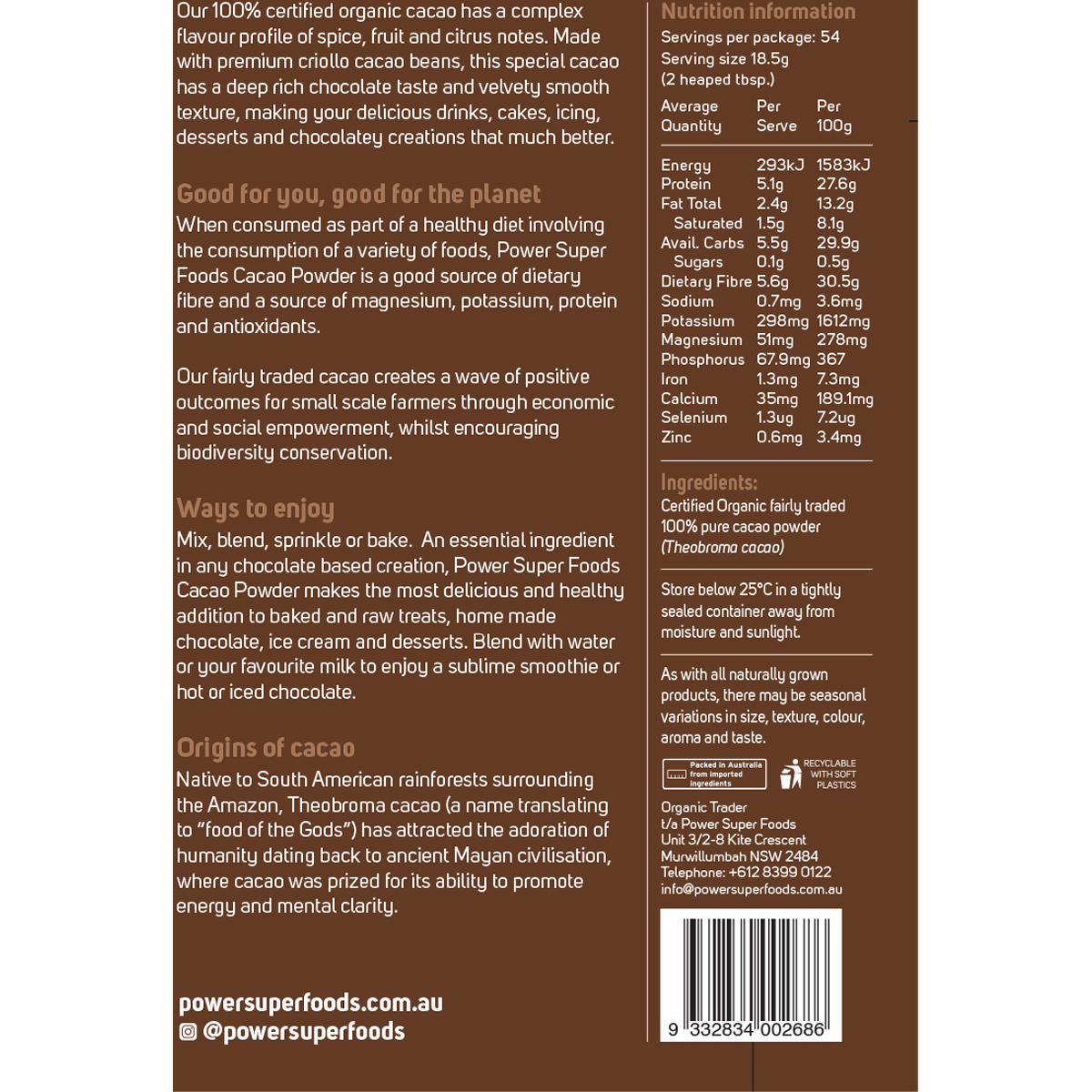 Power Super Foods Cacao Powder Origin – 1kg, back of pack