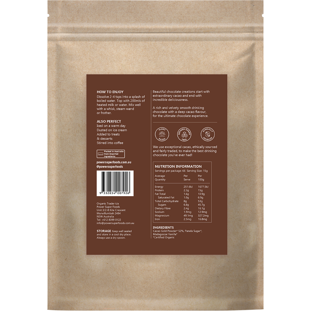 Power Super Foods Dark Drinking Chocolate – 1kg, back of pack