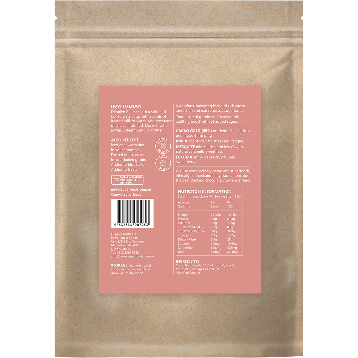 Power Super Foods Nourish Drinking Chocolate With Superfoods – 1kg, back of pack