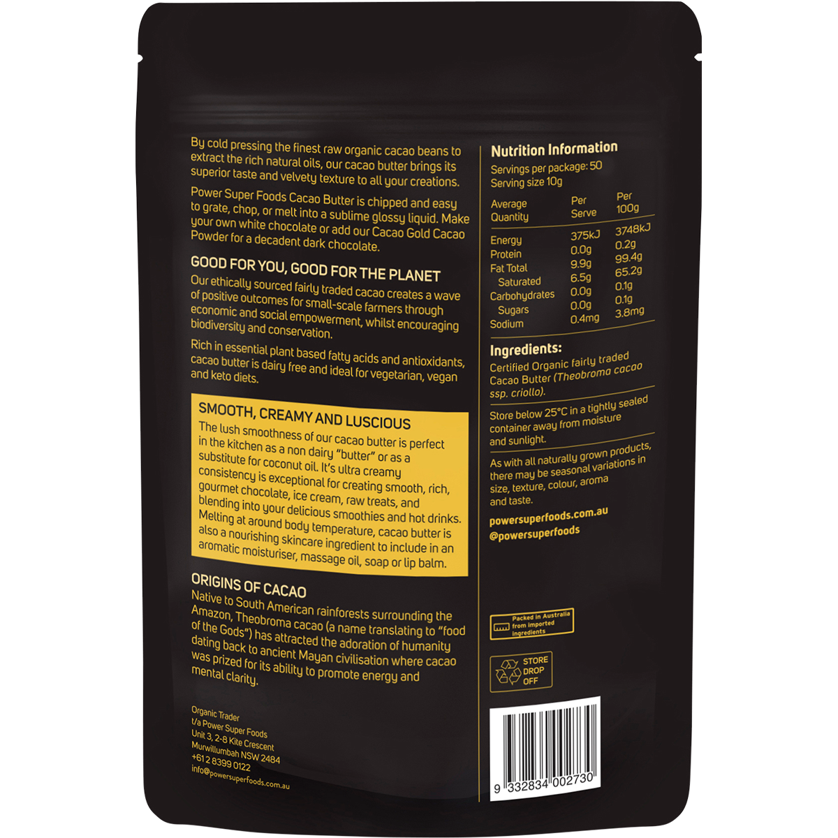 Power Super Foods Cacao GOLD Butter Chunks – 500g, back of pack