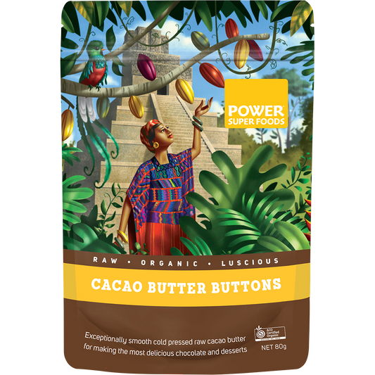Power Super Foods Cacao Butter Buttons – 80g, front of pack