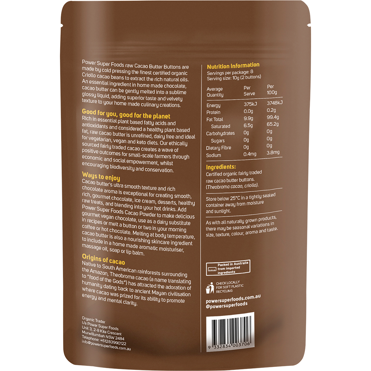 Power Super Foods Cacao Butter Buttons – 80g, back of pack