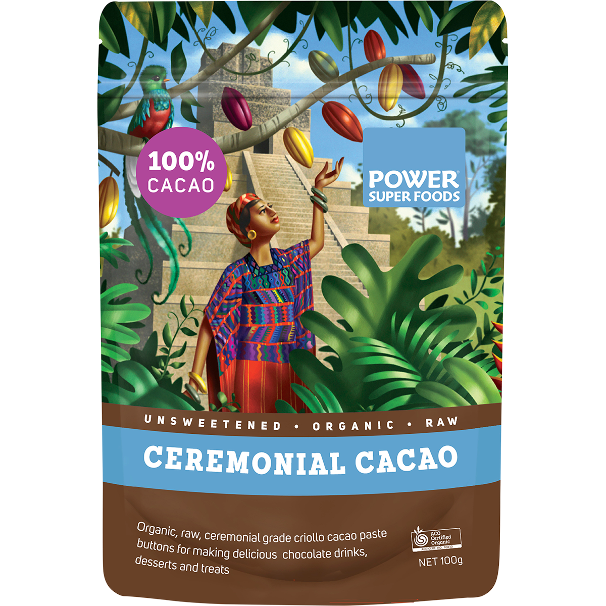 Power Super Foods Cacao Ceremonial Paste Buttons – 100g, front of pack